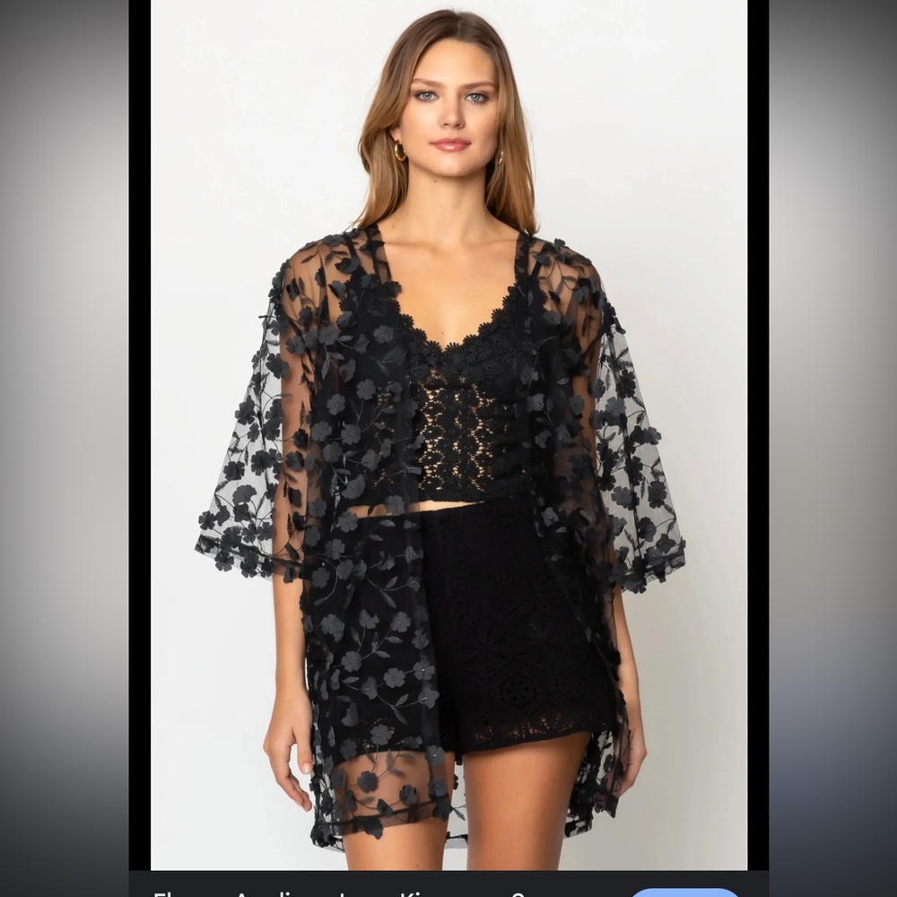 Cynthia Rowley Taffeta Black Floral Sheer Open Front Women Cardigan sz L